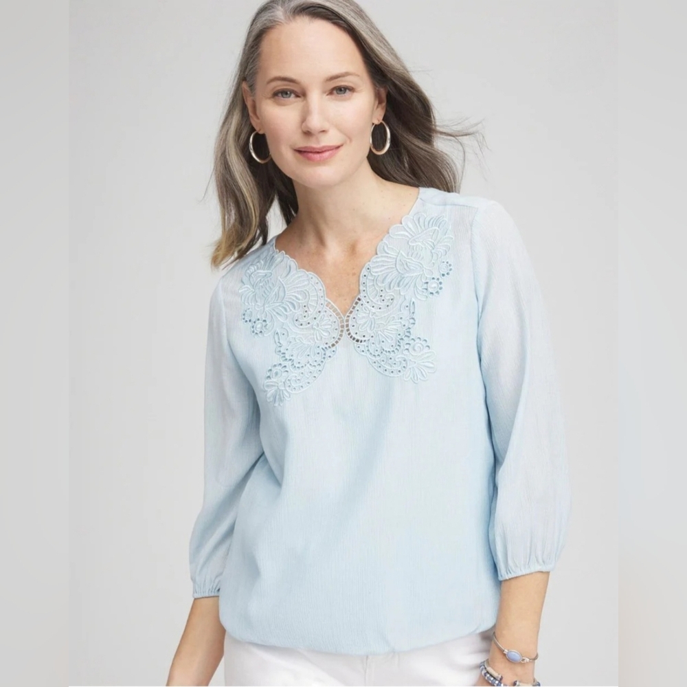 Chico’s Light Blue Embroidered Floral Blouse | Balloon Sleeve Boho Top | Size 4